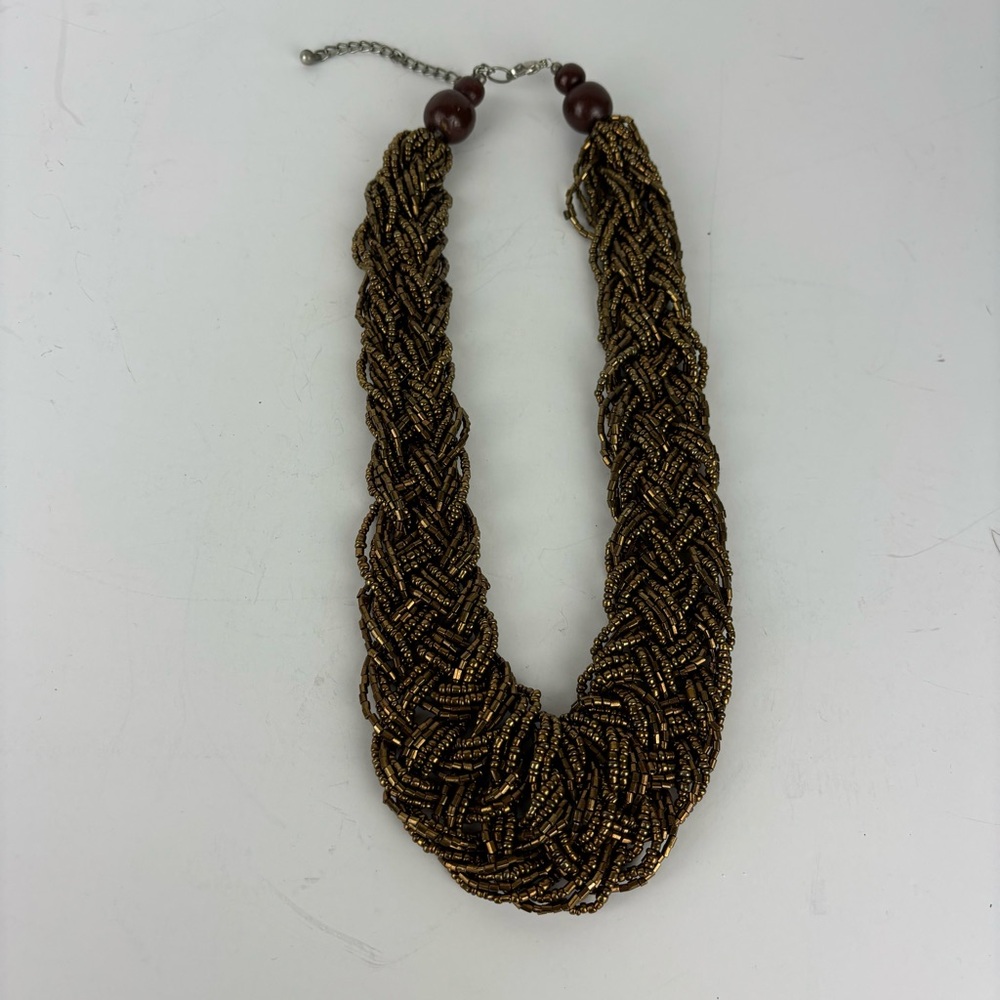 Woven Metallic Beaded Statement Necklace - Bronze-Tone - Picture 4 of 7